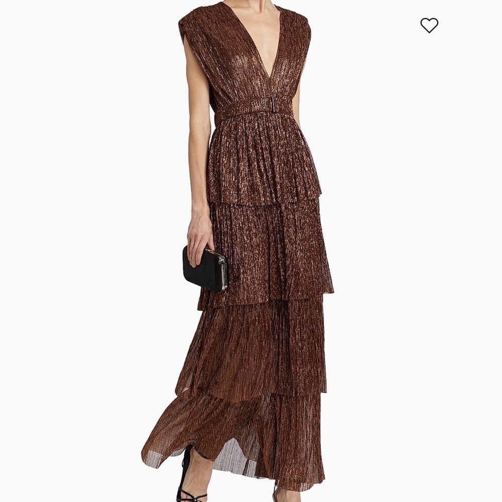 Sabina Musáyev Skylar Tiered Belted Metallic Gown